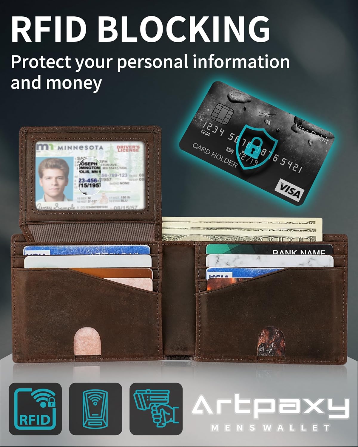 Mens Wallet With AirTag Holder, Bifold Leather RFID Blocking 1-2 ID Windows 12-13 Card Holders, Gift Box and Screen Protector Included, AirTag Not Included