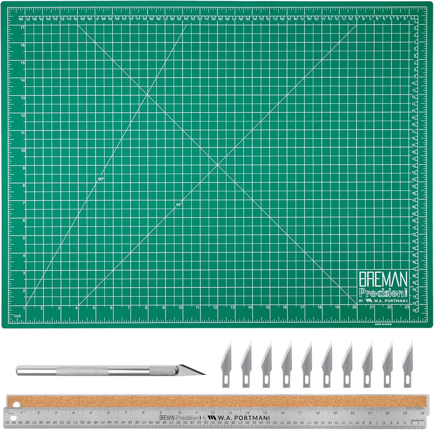 WA Portman 12x18 Inch Self Healing Cutting Mats for Crafts – Fabric Cutting Mat with Precision Craft Knife, 10#11 Hobby Knife Blades & Metal Ruler 18 Inch Cork Backed Ruler – All-in-One Craft Kit