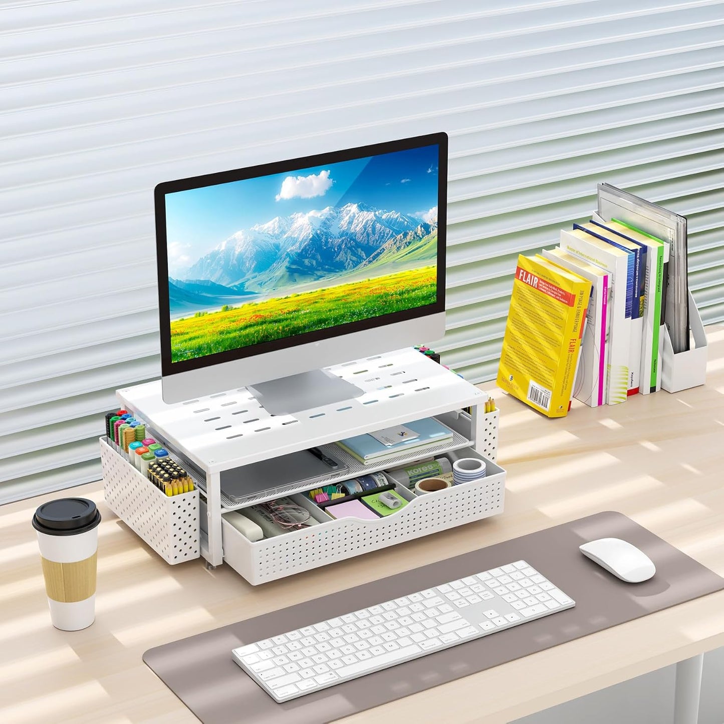 gianotter Monitor Stand Riser, Office Desk Shelf Organizer, Desk Organizer with Drawer and Pen Holder, 2-Tier Computer Stand, Office Organization (Ink)