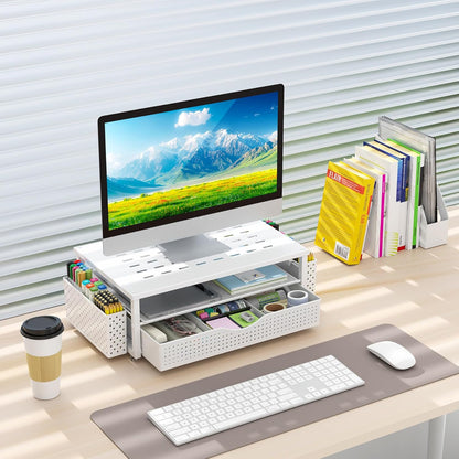 gianotter Monitor Stand Riser, Office Desk Shelf Organizer, Desk Organizer with Drawer and Pen Holder, 2-Tier Computer Stand, Office Organization (Ink)