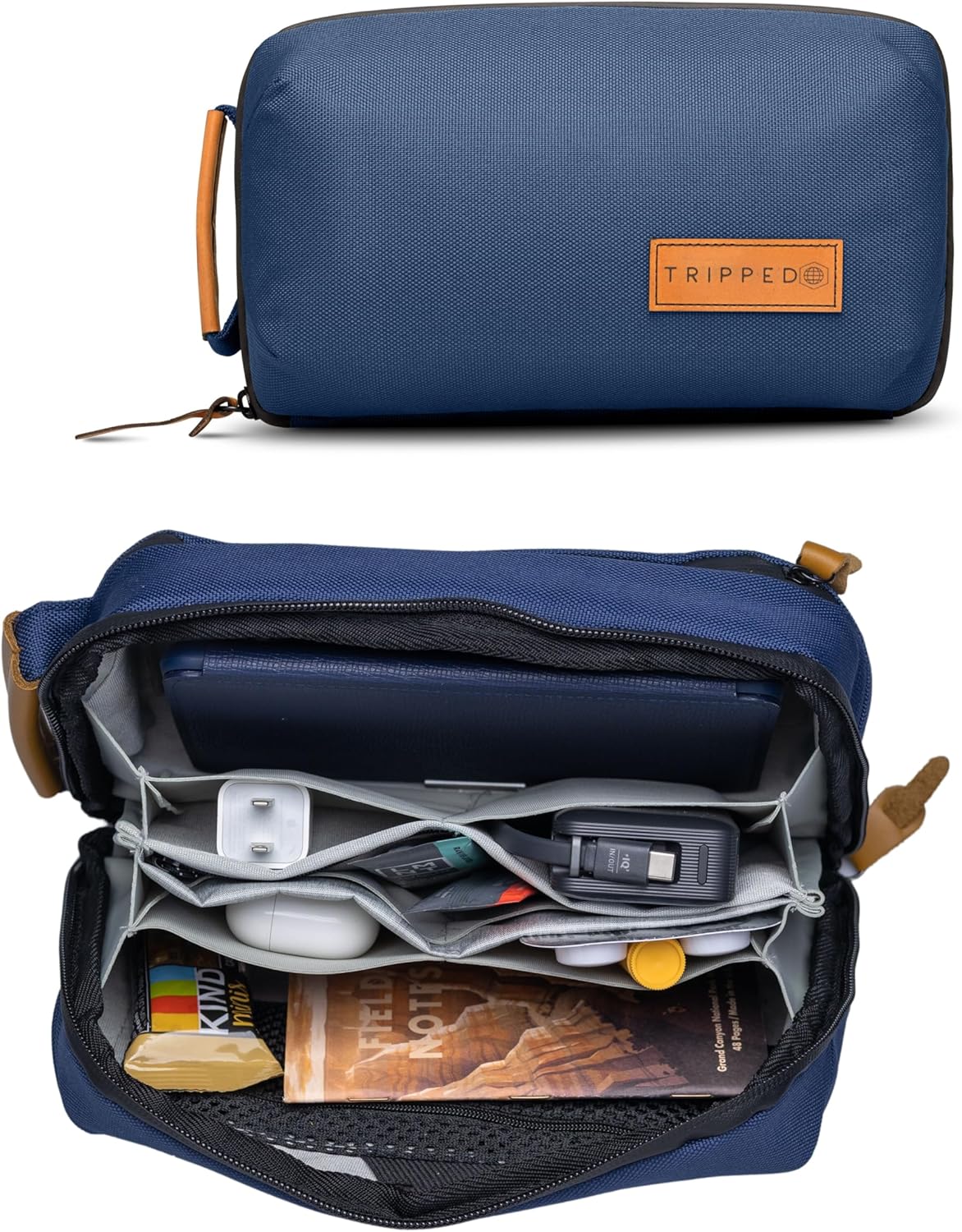 Tech Bag Organizer - Small Electronics Organizer Pouch for Travel - Premium Travel Case with Leather Accents - Mesh Pocket for Cables, Cords and Chargers (Black)
