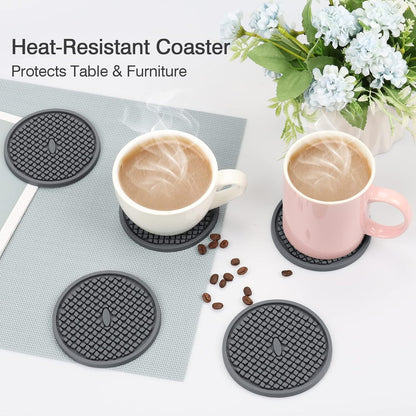 2 Pack Silicone Coasters for Drinks, Round Black Coaster with Deep Tray Grooved Design Cup Mat, Washable Heat Resistant Durable Non-Slip Coasters for Coffee Table Wooden Desk Kitchen Bar