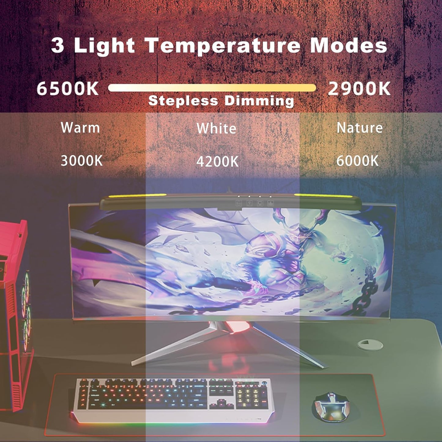 Curved Monitor Light Bar for 24-27 Inch Curved Screens Light Bar with 7 RGB, Stepless Dimming 3 Color Temperatures USB Powered Gaming Computer Light
