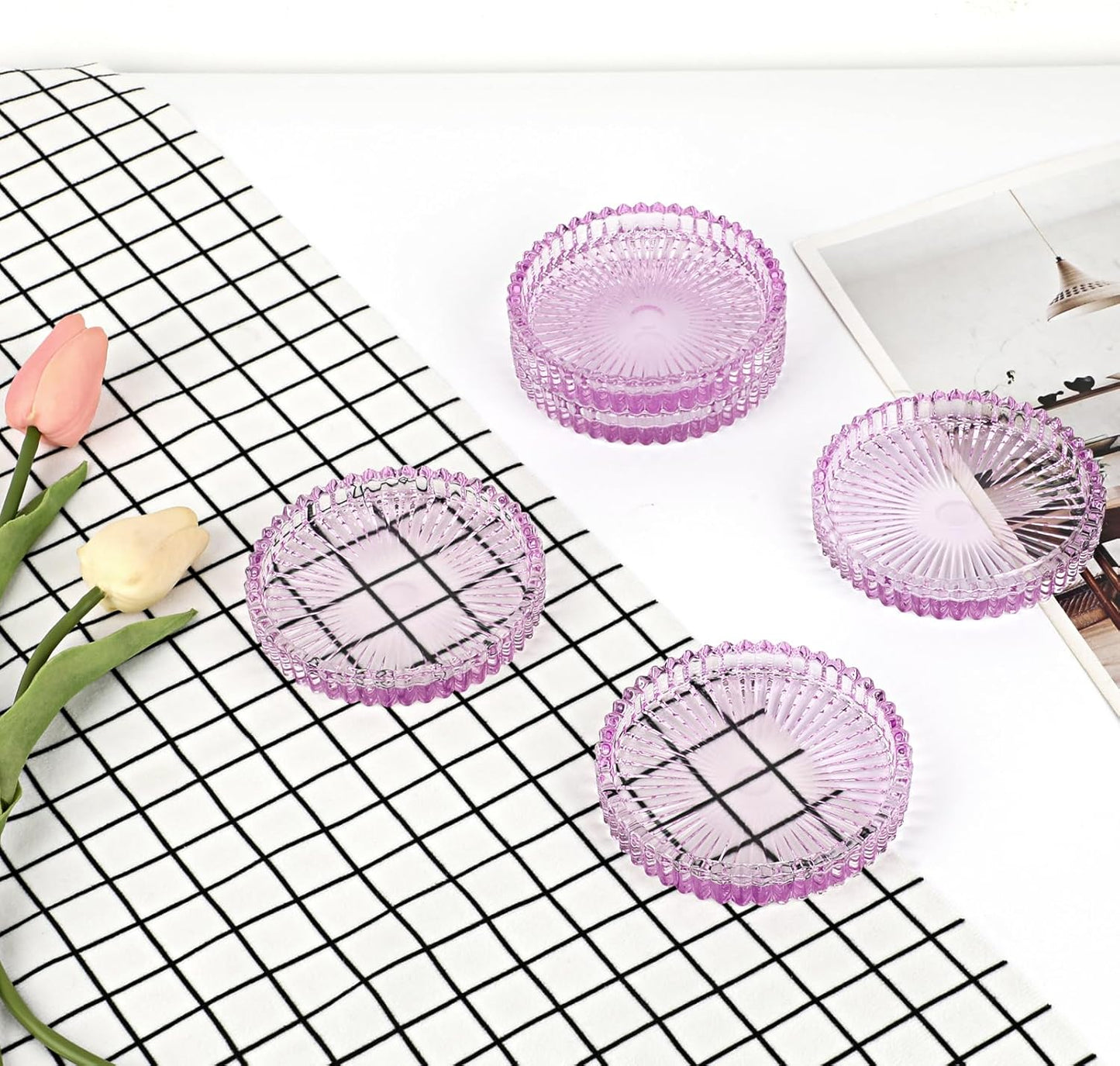 Modern Clear Coasters Set of 5- Glass Cute Coasters for Drinks Crystal Coaster Round Chic Cup Mat Cute Coffee Table Coaster for Kitchen, Bar, Dining Room, Living Room, Patio(Amber)