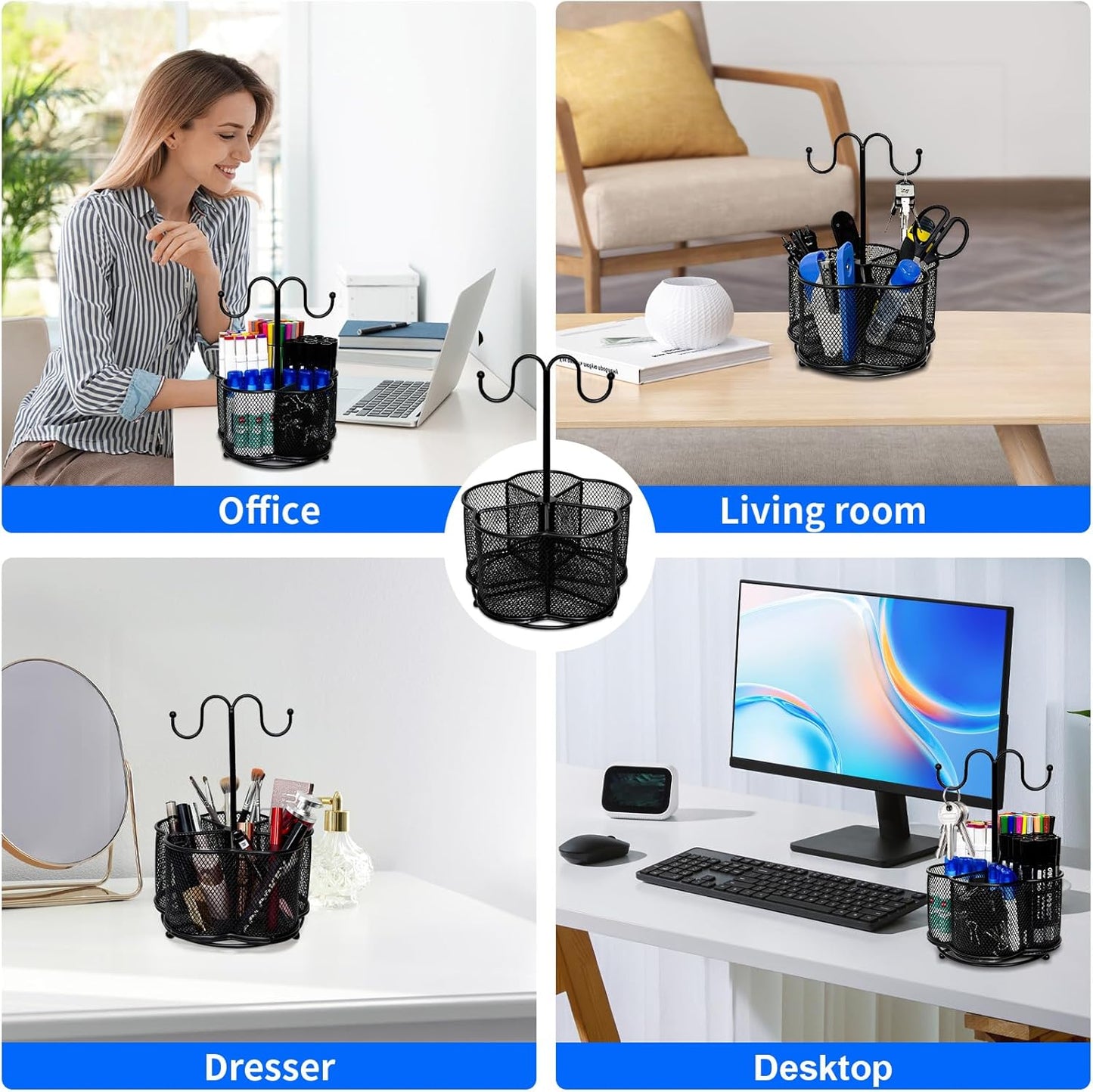 360 Degree Rotate Pen Holder for Desk Mesh Desk Pen Organizer Pencil Holder Large Capacity Accessories & Workspace Organizers for School,Home (Black, No hook)