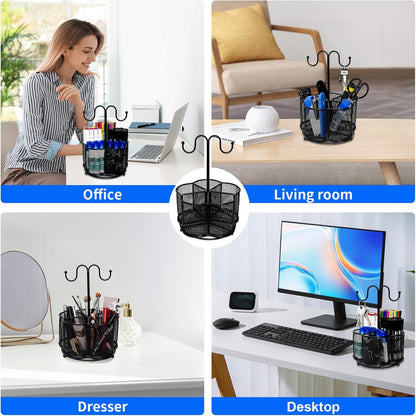 360 Degree Rotate Pen Holder for Desk Mesh Desk Pen Organizer Pencil Holder Large Capacity Accessories & Workspace Organizers for School,Home (Black, No hook)