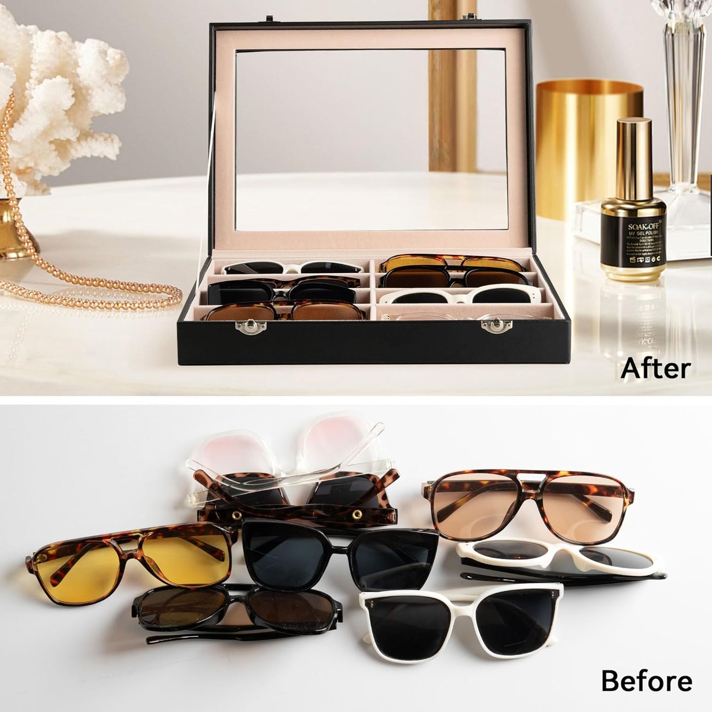Frebeauty Sunglass Organizer,PU Leather Glasses Organizer,8-Slot Sunglasses Tray,Men's/Women's Sunglasses Box,Sunglass Case,13.3 x 9.6 x 1.5 Inches,Eyeglass/Eyewear Display Tray(Grey)