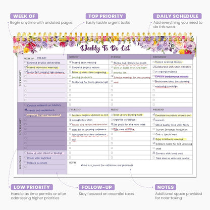 Weekly To Do List Notepad with 52 Undated Sheets（8.5"×11"）- Undated Weekly Planner Notepad for Office Desk Accessories and Supplies - Midnight Lilac