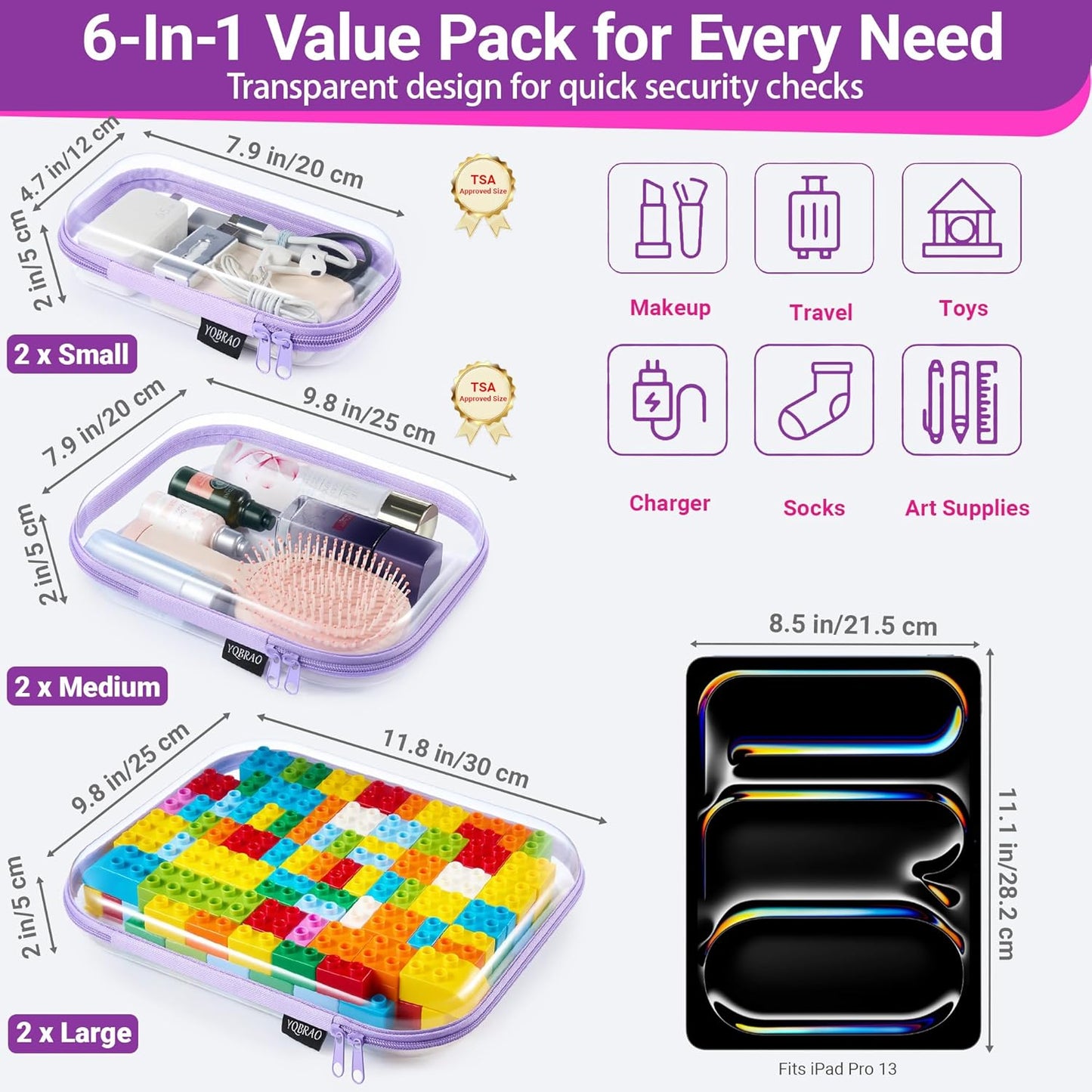 YQBRAO 6 Pack Clear Hard Shell Zipper Case, 1.2mm Heavy Duty Crush-Proof Diaper Bag Organizer Pouches, TSA Approved Travel Makeup Bag for Toiletries & Electronics, (2L, 2M, 2S) Multi-Size Storage Set