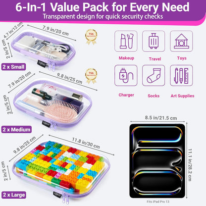YQBRAO 6 Pack Clear Hard Shell Zipper Case, 1.2mm Heavy Duty Crush-Proof Diaper Bag Organizer Pouches, TSA Approved Travel Makeup Bag for Toiletries & Electronics, (2L, 2M, 2S) Multi-Size Storage Set