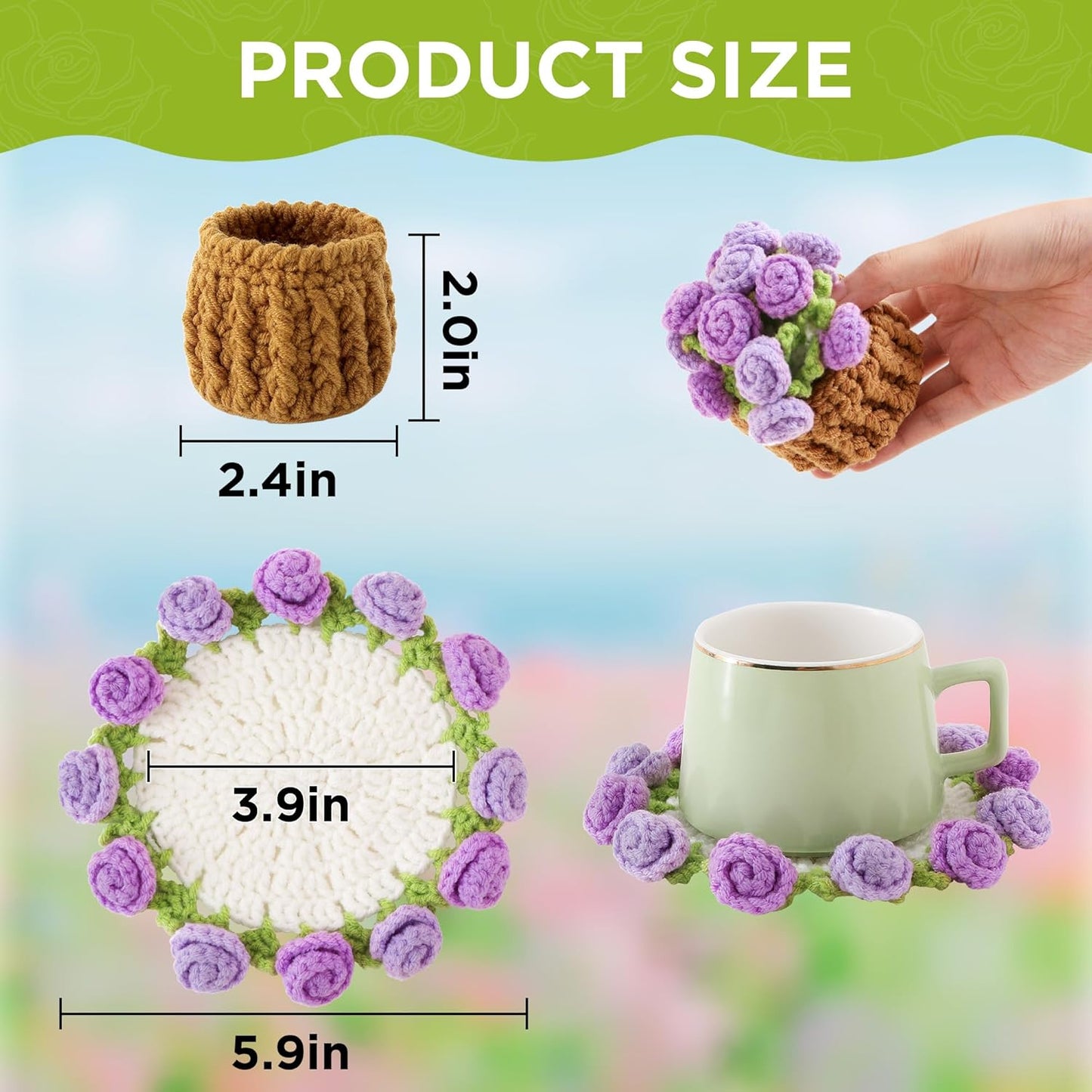 Flower Crochet Coasters, Handmade Bouquet Blanket Coaster with Crochet Plant Pot Fun Soft Decorative Drink Coasters for Coffee Tabletop Protection and Home Decor (Pink, 1Pc)