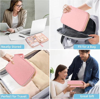 Electronics Organizer Travel Case, Charger Bag Cord Organizer Travel, Compact Tech Pouch Cable Organizer Bag for Charger, Cords, Phone, Headphones, Flash Drive, SD Card (Pink, Small-Double Layer)