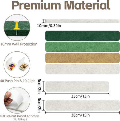Cork Board for Walls - 8 Pack Felt Pin Board Bar Strips - Self-Adhesive Lightweight Bulletin Board - Cork Board for Office with 40 Push Pins No Damage for Wall