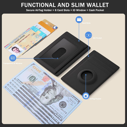 Wallet with Airtag Holder Genuine Leather Wallets Slim Minimalist Card Holder RFID Blocking Card Wallet Compatible with AirTag