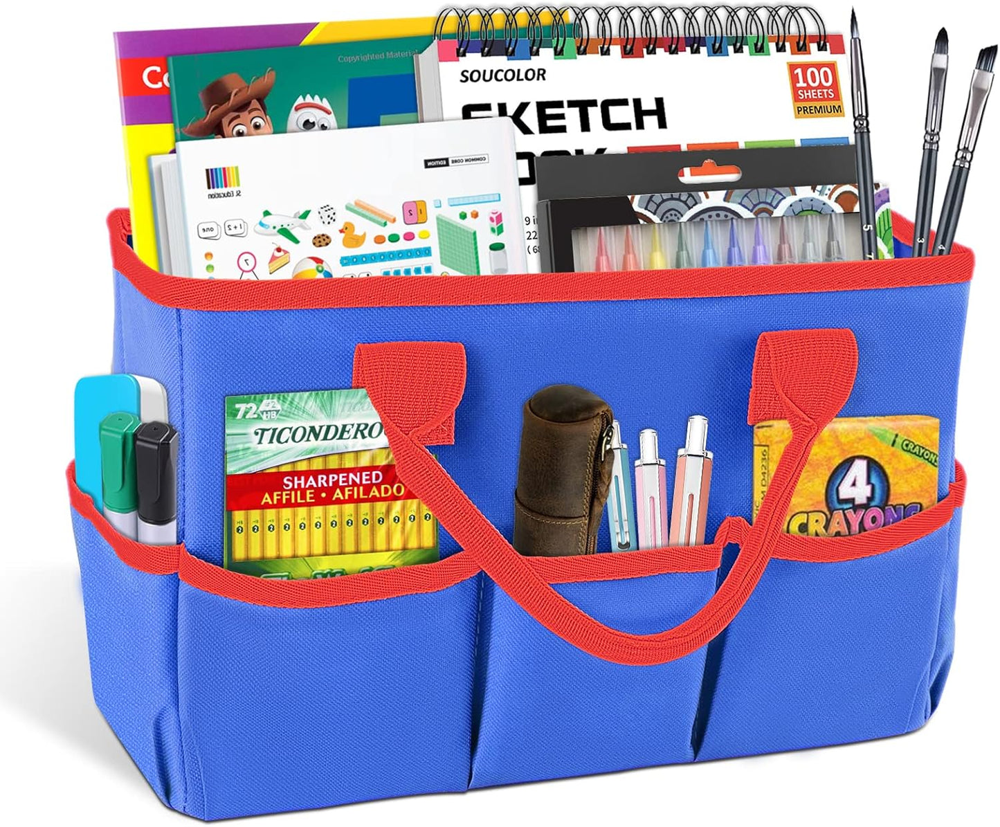 Desktop Tote and Stock Organizer, Teacher Helper Tote Bag Organization for Arts, Books, Stationery, Office Desk Organizer, Make-up Storage Tote with Handles for Travel, Black-Gray
