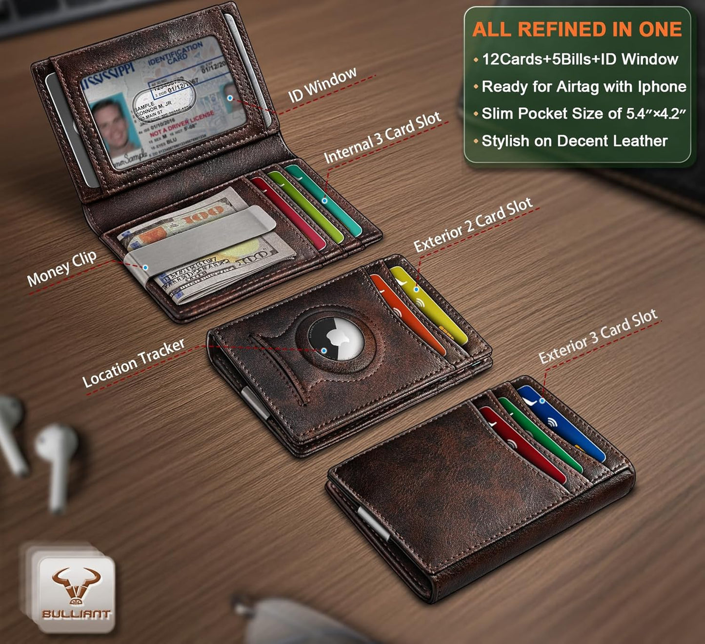 BULLIANT Men Airtag Wallet,Slim Wallet Money Clip Card Holder Magnetic Closure 12 Cards in Front Pocket RFID Blocking
