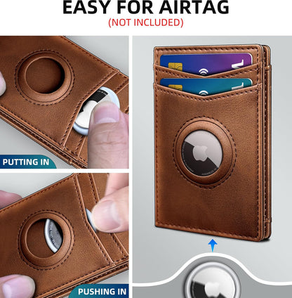 miyozi Airtag Wallet for Men- with Money Clip Gift Boxed, Magnetic Closure Slim Genuine Leather Front Pocket Wallet, 4.1"x 2.8", RFID Blocking