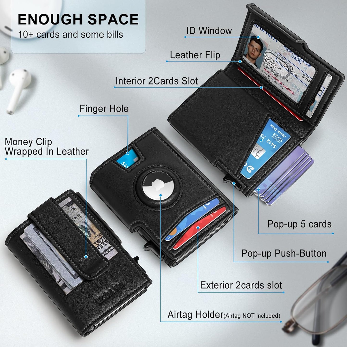 miyozi Airtag Wallet for Men,with Money Clip 10 Cards Metal Case Smart Slim Pop Up Credit Card Holder Flip with Magnetic Closure RFID Blocking wallet with Gift Box