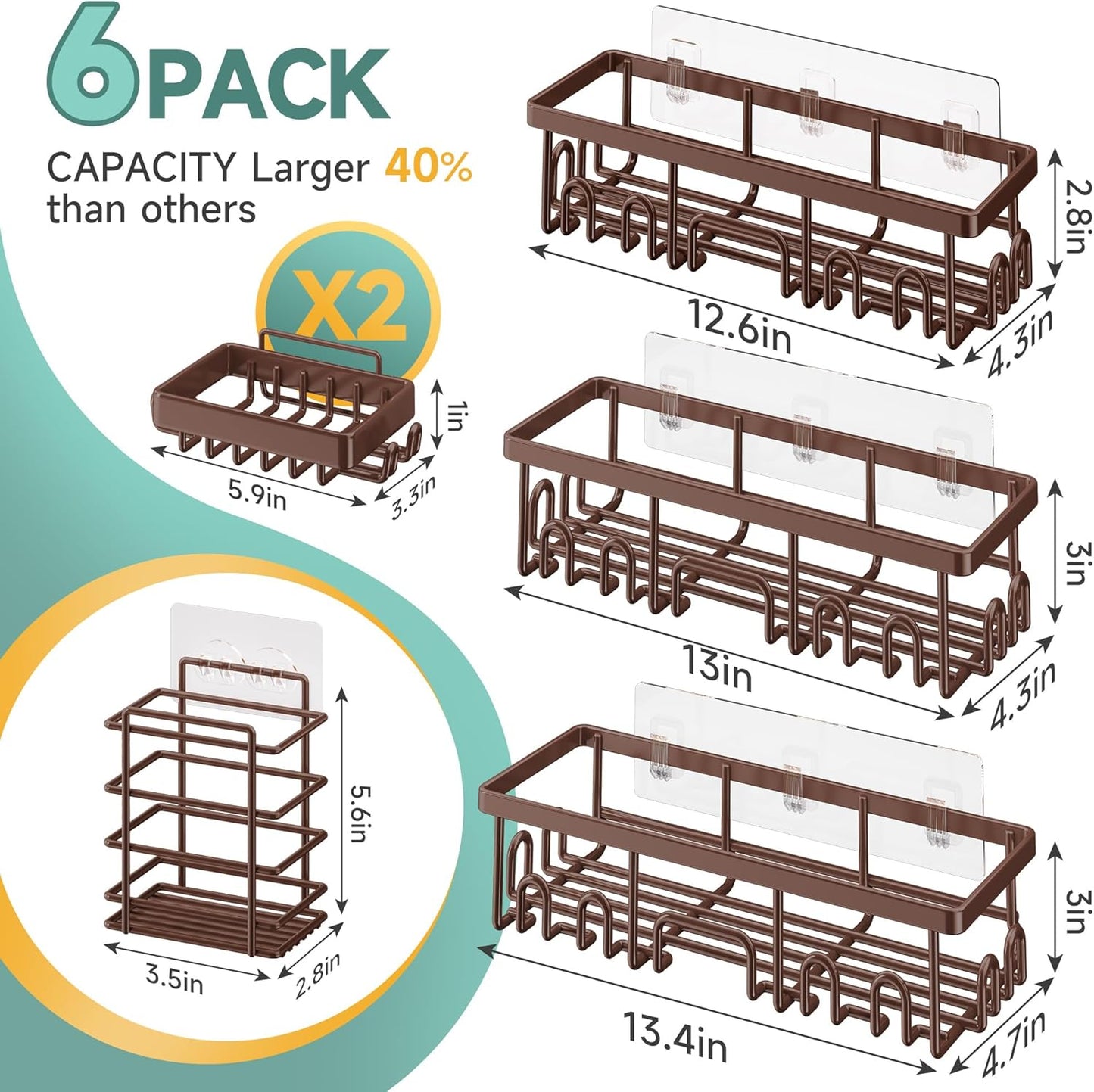 Veken Shower Caddy 6-Pack, Advanced Rustproof Design, No Drilling Adhesive Shelves, Rack with Soap Holder, Large Capacity Bathroom Organizers and Storage, Wall-Mounted Kitchen & Home Decor