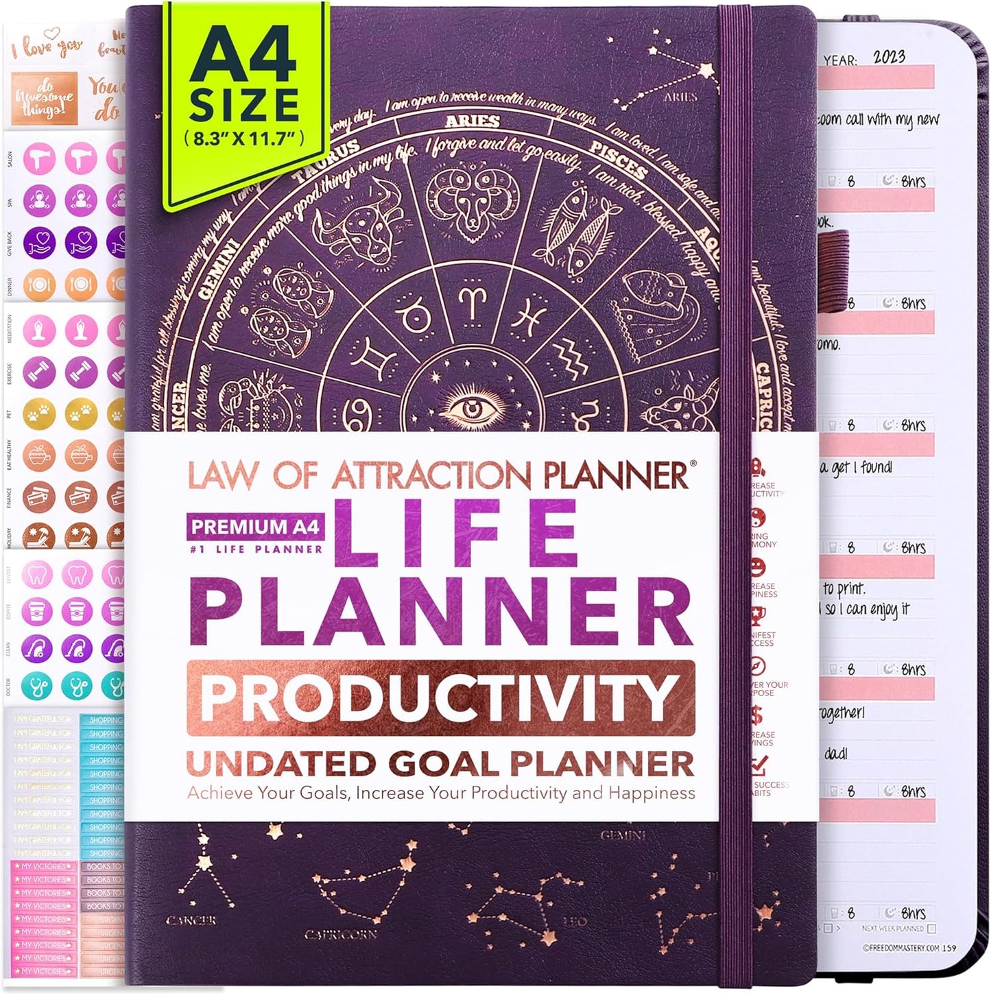 Life Planner - Undated Weekly & Monthly Planner, 12-Month Journey to Increase Productivity | Gratitude Journal, Life Organizer & Goal Journal | Include Foldable Vision Board, Habit Tracker & Stickers
