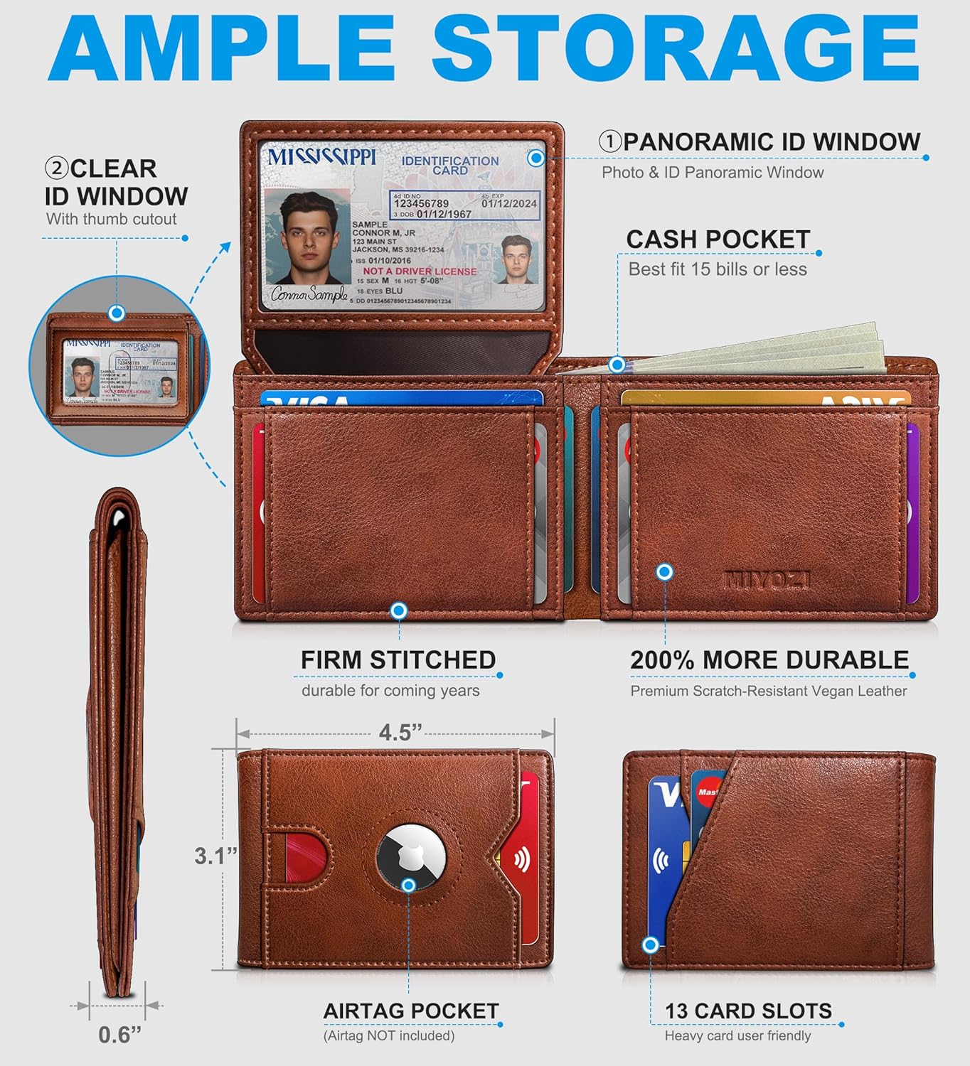 miyozi AirTag Wallet for Men, Slim Leather Bifold with Holder Slot, 2 ID Windows & 13 Card Slots, RFID Blocking Front Pocket Wallet with Gift Box