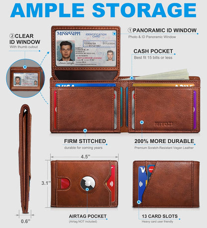 miyozi AirTag Wallet for Men, Slim Leather Bifold with Holder Slot, 2 ID Windows & 13 Card Slots, RFID Blocking Front Pocket Wallet with Gift Box