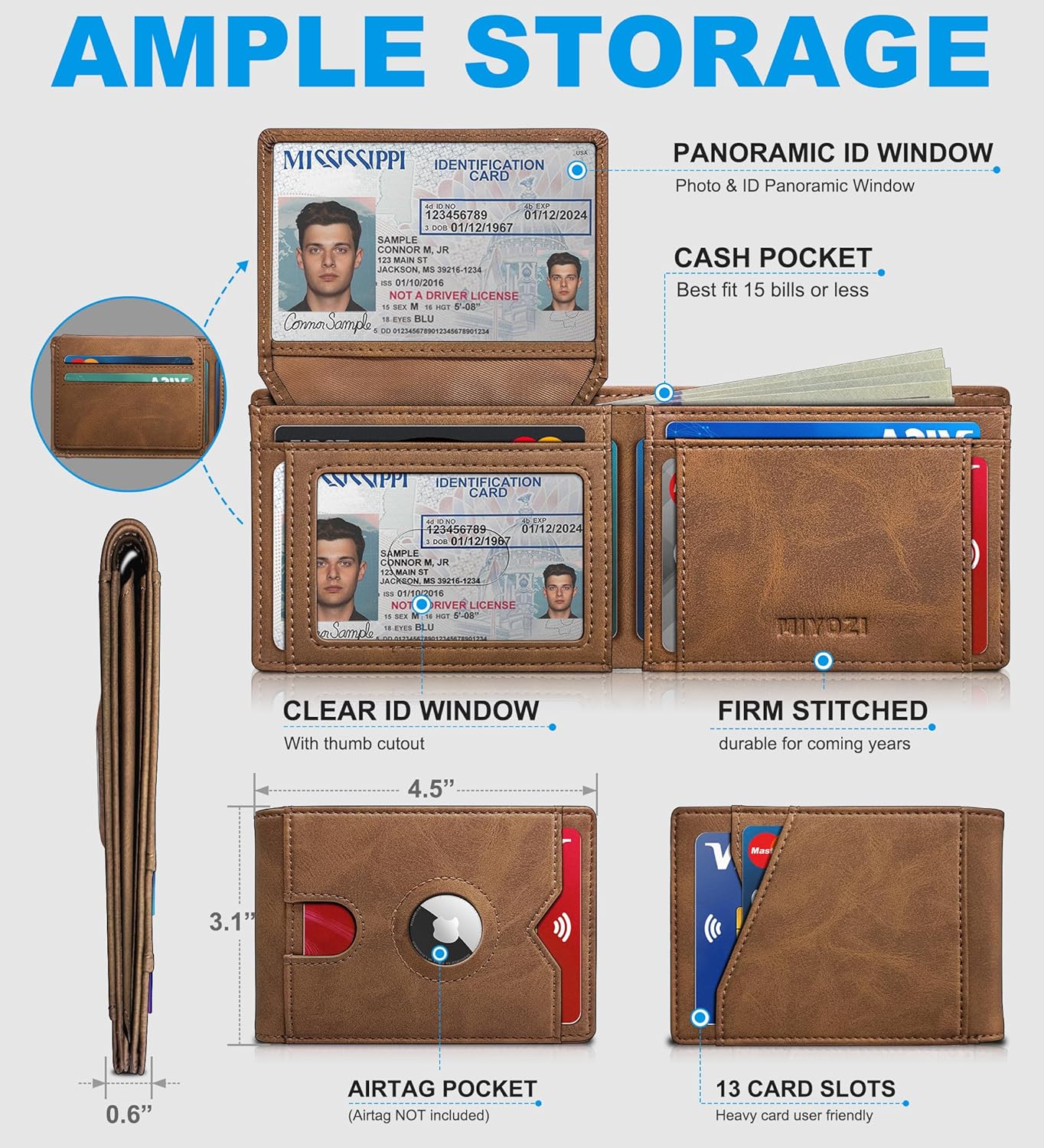 miyozi AirTag Wallet for Men, Slim Leather Bifold with Holder Slot, 2 ID Windows & 13 Card Slots, RFID Blocking Front Pocket Wallet with Gift Box