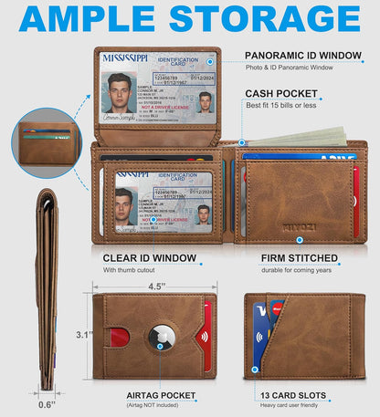miyozi AirTag Wallet for Men, Slim Leather Bifold with Holder Slot, 2 ID Windows & 13 Card Slots, RFID Blocking Front Pocket Wallet with Gift Box