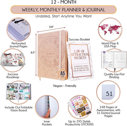 Life Planner - Undated Weekly & Monthly Planner, 12-Month Journey to Increase Productivity | Gratitude Journal, Life Organizer & Goal Journal | Include Foldable Vision Board, Habit Tracker & Stickers