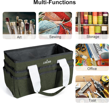 JJRING Craft Organizer Tote Bag for Art Storage, Caddy with Multiple Pockets, Bluish Green Sewing Bag for Scrapbooking, School, Medical, and Office Supplies
