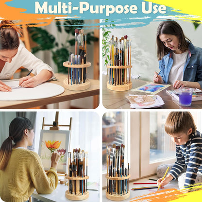 52 Holes Paint Brush Holder, 360° Rotating Paint Brush Organizer, Hardwood Storage Stand Rack for Artists Brushes, Crafts Tools, Makeup Brush, Calligraphy Pens