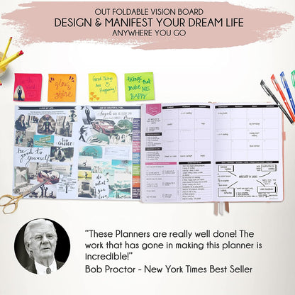 Manifestation Journal – Hourly, Weekly & Monthly Planner | 12-Month to Increase Productivity, Life Organizer & Goal Planner | Spiral Journal, Habit Tracker, Foldable Vision Board, Gift Box & Stickers