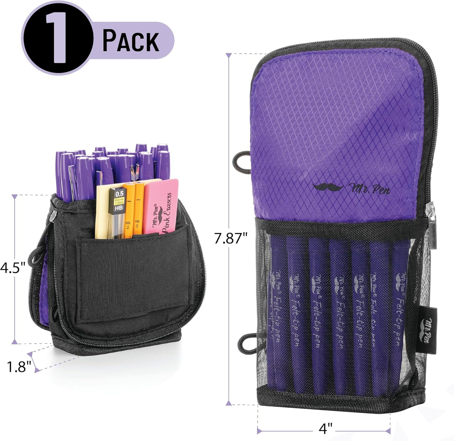 Mr. Pen- Standing Pencil Case Pouch, Sit & Lay Mesh-View Design, Black & Gray, Interior Pocket & 2 Elastic Binder Loops, Cute Pencil Case for Girls and Boys