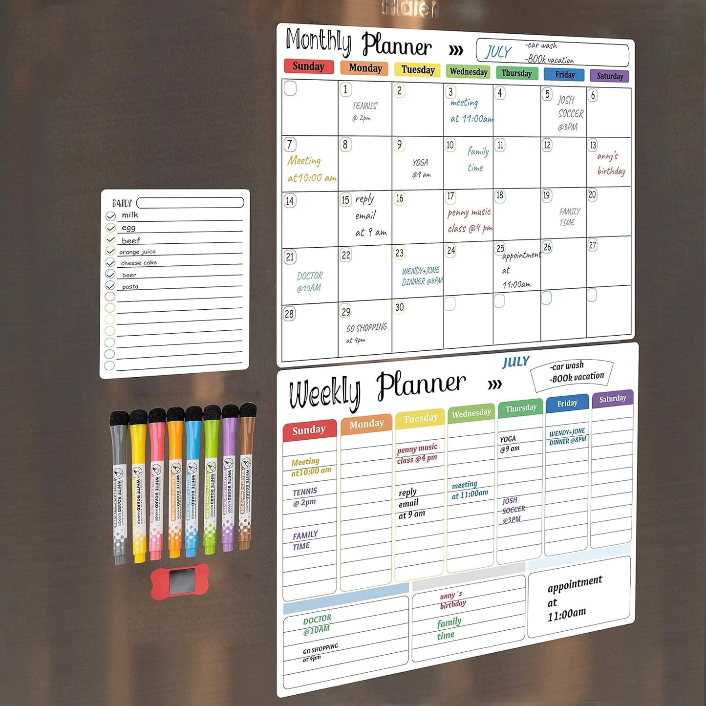 Hivillexun 3-Pack Magnetic Dry Erase Calendar Whiteboard Set for Fridge, Wall & Refrigerator Organisation – Monthly, Weekly & Daily Planners – Includes 8 Markers & Eraser