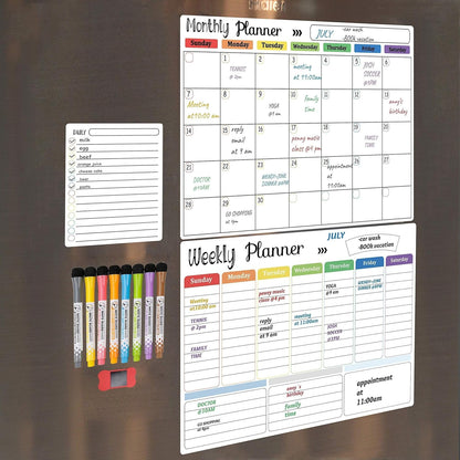 Hivillexun 3-Pack Magnetic Dry Erase Calendar Whiteboard Set for Fridge, Wall & Refrigerator Organisation – Monthly, Weekly & Daily Planners – Includes 8 Markers & Eraser