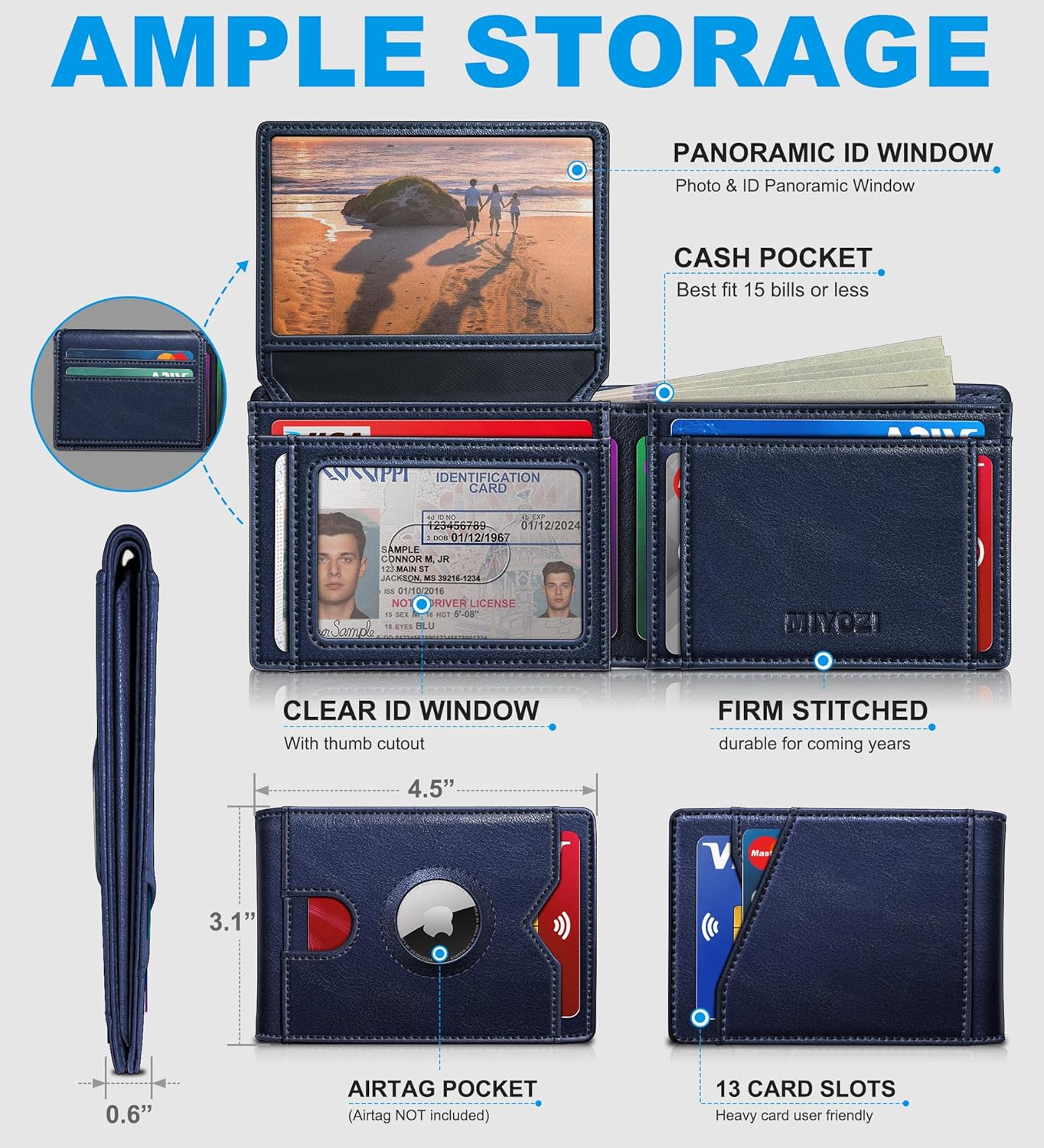 miyozi AirTag Wallet for Men, Slim Leather Bifold with Holder Slot, 2 ID Windows & 13 Card Slots, RFID Blocking Front Pocket Wallet with Gift Box