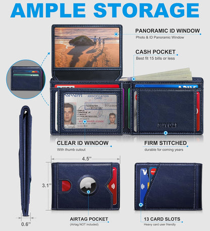 miyozi AirTag Wallet for Men, Slim Leather Bifold with Holder Slot, 2 ID Windows & 13 Card Slots, RFID Blocking Front Pocket Wallet with Gift Box