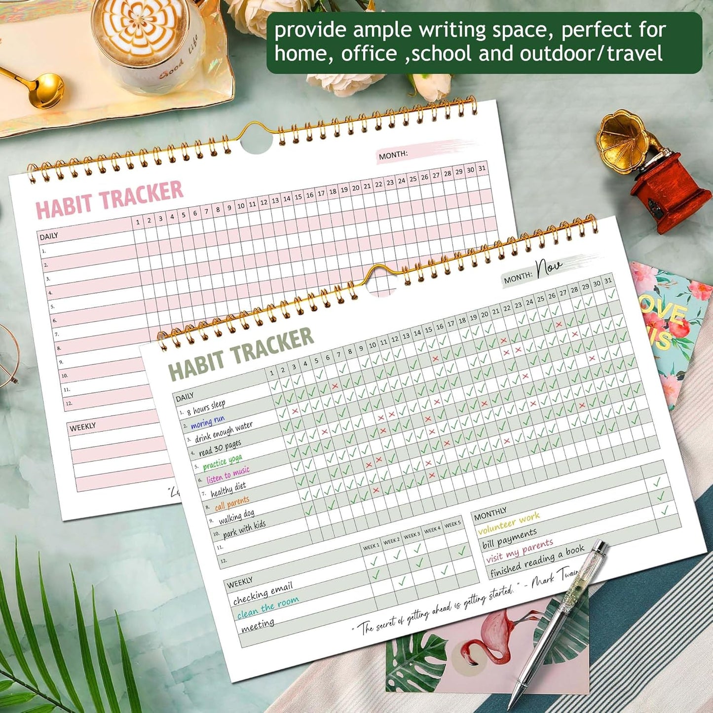 Habit Tracker Calendar, Aesthetic Daily Weekly Goal and Habit Tracker Journal, 12 Months Undated Habits Tracker Planner with Spiral Binding, Boost Productivity Tool and Workout Calendar, 11.7"x8.5"