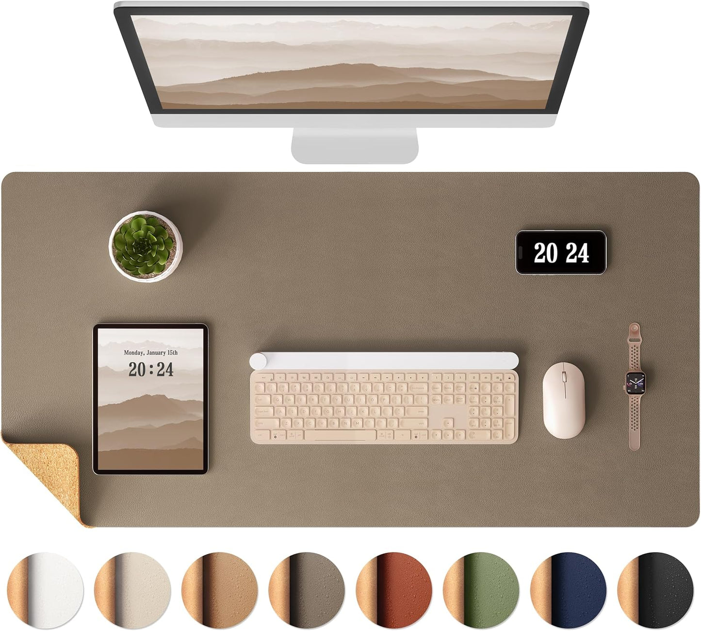 Aothia Dual-Sided Desk Pad - 25.6x13.7 inches Leather Desk Mat, Natural Cork Desk Pad Protector, Large Mouse Pad for Desk, Waterproof Desk Blotter Pad, Desk Writing Pad for Office Work/Home, Black