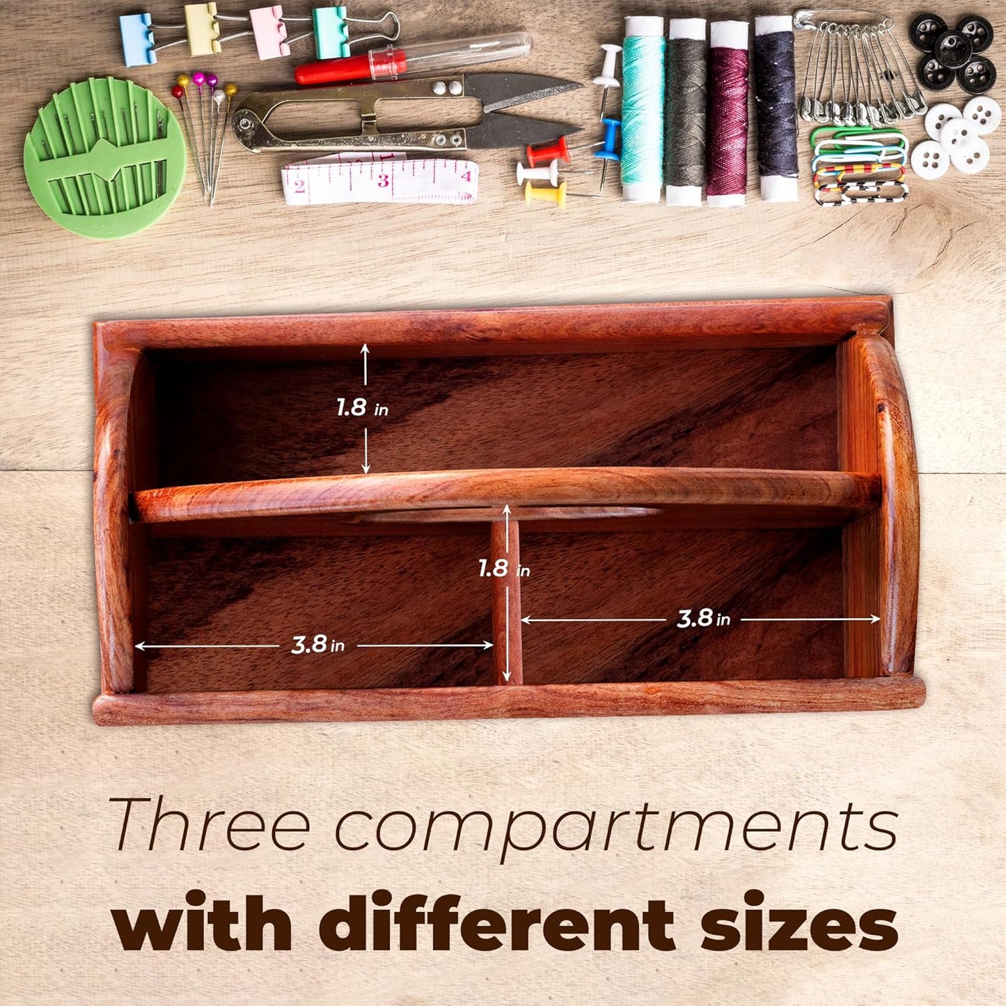 SAVINA Wooden Craft Organizer Box - Handmade Craft Storage Caddy for Sewing, Art Supplies, DIY Tools & More - Elegant & Durable (BOX ONLY) (Small Size)