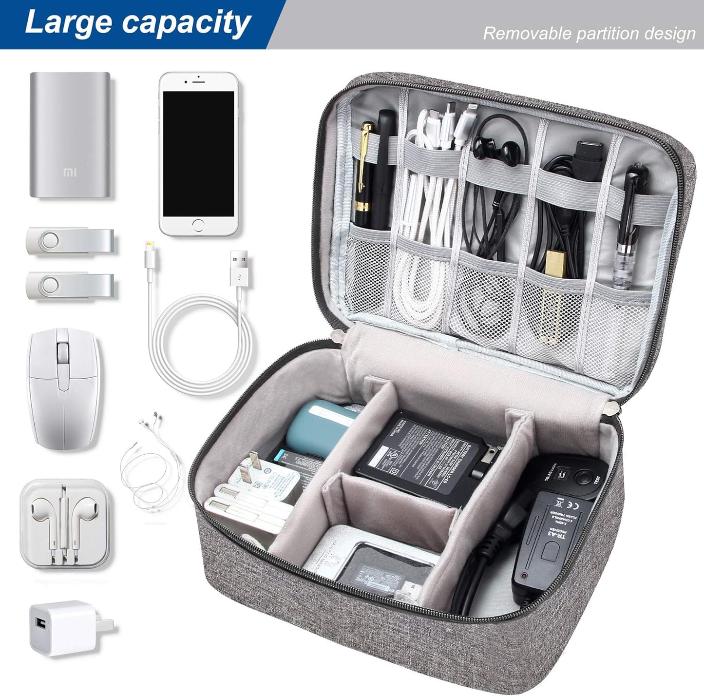 SELLYFELLY Electronic Bag Travel Cable Accessories Bag Waterproof Double Layer Electronics Organizer Portable Storage Case for Cable, Cord, Charger, Phone, Adapter, Power Bank, Kindle, Hard Drives