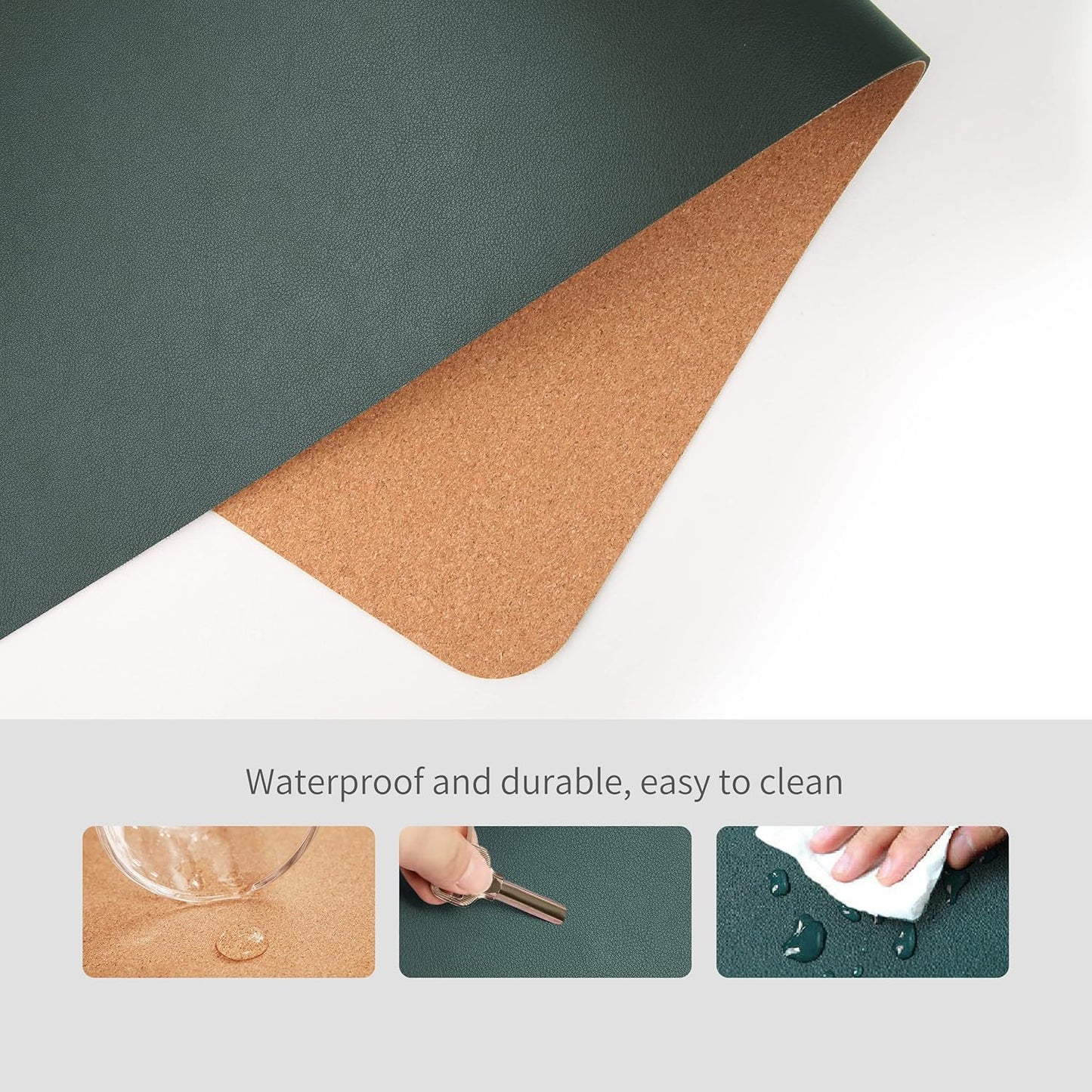 RENMTURE Dual-Sided Mouse Pad, Natural Cork & PU Leather Large Desk Pad for Office and Home Work, Desk Protector Non-Slip, Waterproof, Easy Clean (Olive Green, 32"x16")
