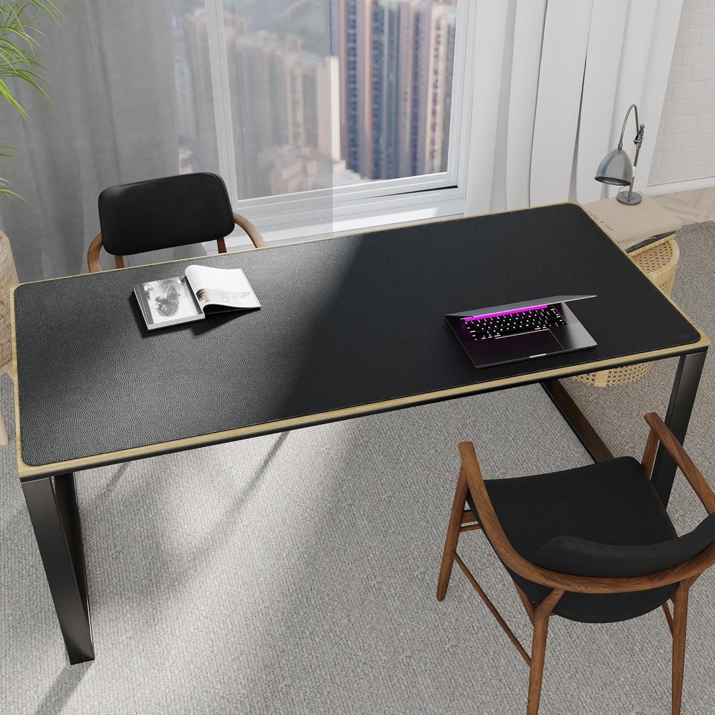 Vyaaa PU Leather & Cork Desk Mat, 39.4"x15.7" Dual Sided Computer Desk mat, Waterproof Large Mouse Pad, Non-Slip Office Desk pad, Office Desk Protector for Work/Gaming/Home (Black)