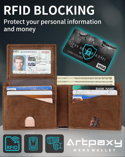 Mens Wallet With AirTag Holder, Bifold Leather RFID Blocking 1-2 ID Windows 12-13 Card Holders, Gift Box and Screen Protector Included, AirTag Not Included
