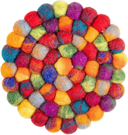 Round Felt Ball Coasters - 100% Merino Wool Table Coasters - Felt Coaster Pads, Absorbent Trivet for Drinks - Heat Resistant, Thick & Durable Hand Felted - Woolygon - Multicolor Set of 5 (Rainbow)