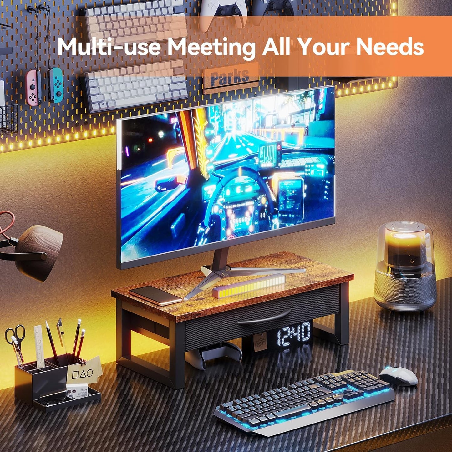 Computer Monitor Stand Riser, Desk Organizers and Accessories with Drawer, 2-Tier Laptop Stand for Desk, Office Organizer Storage, Wood