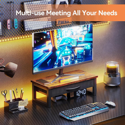 Computer Monitor Stand Riser, Desk Organizers and Accessories with Drawer, 2-Tier Laptop Stand for Desk, Office Organizer Storage, Wood