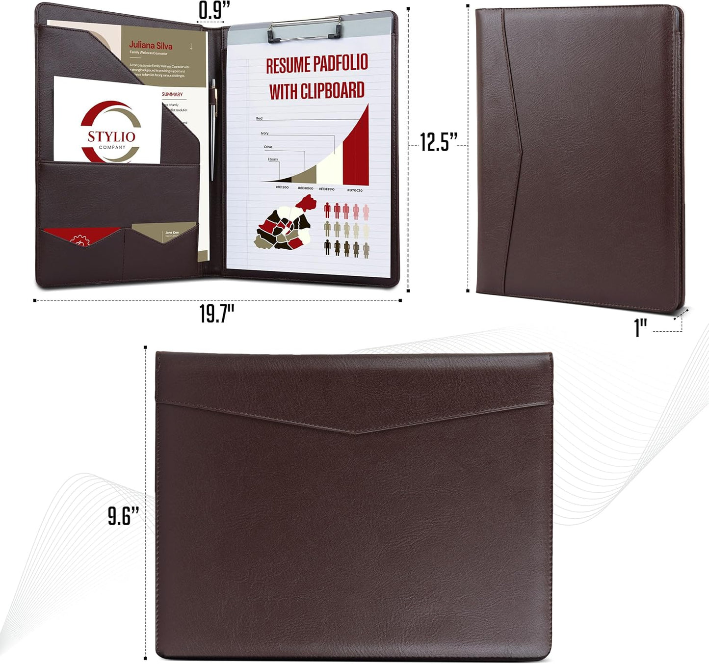 STYLIO Padfolio Portfolio Organizer Binder | Interview Resume Folder, Legal Document, Business Card Holder |w/Letter-Sized Notepad | Handsome Piano Noir Faux Leather Folio Matte Finish, Accent Stitch
