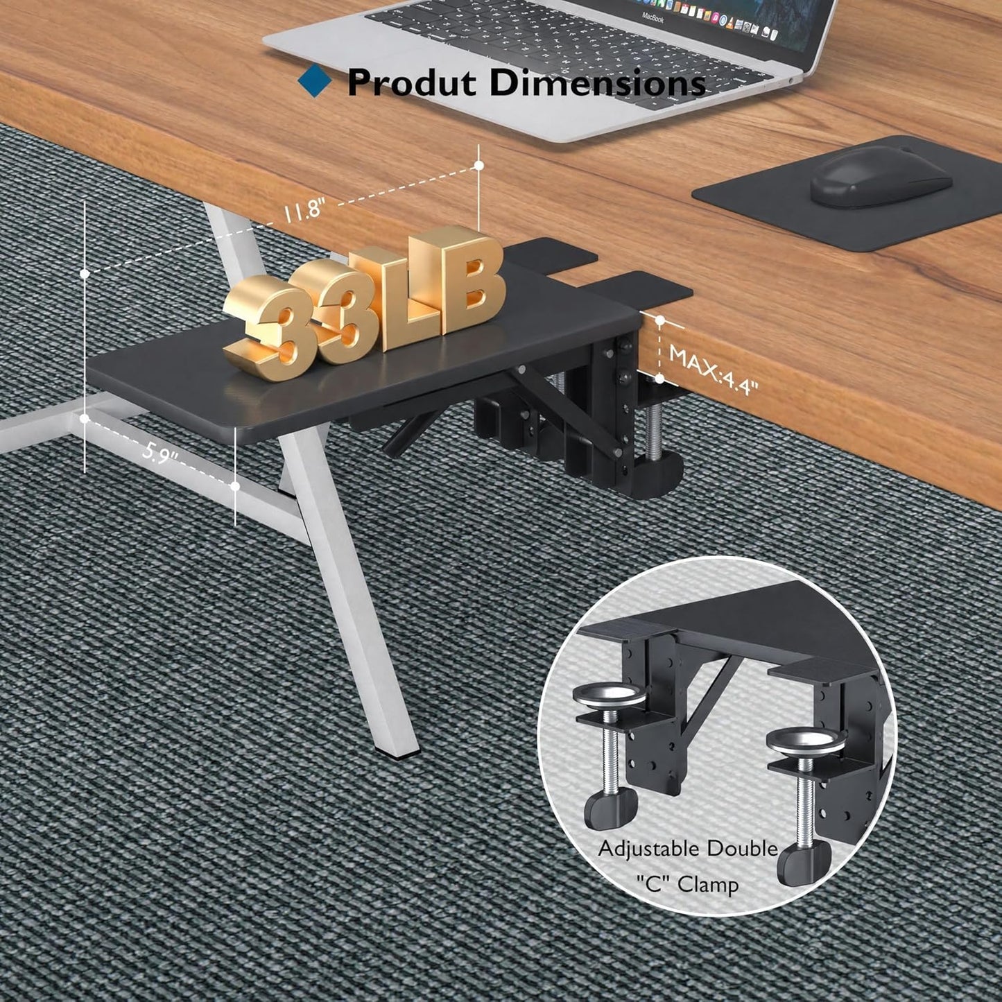 BONTEC Desk Extender Tray, 11.8"x5.9" Table Mount Arm Wrist Rest Shelf, 90°Foldable Elbow Support, Clamp on Computer Arm Rest for Desk, Office & Home Use, Durable & Easy to Install, Black Carbon Fiber