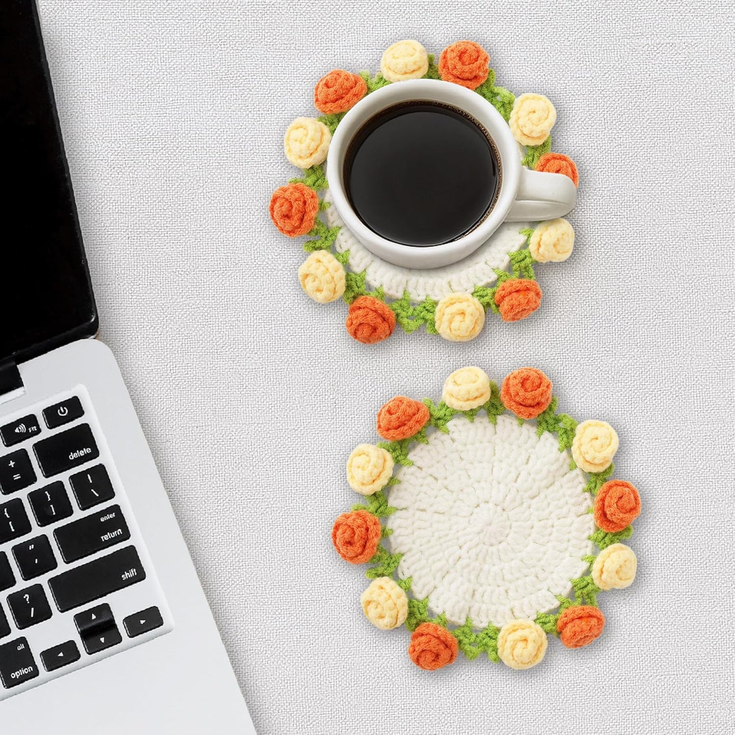 Flower Crochet Coasters, Handmade Bouquet Blanket Coaster with Crochet Plant Pot Fun Soft Decorative Drink Coasters for Coffee Tabletop Protection and Home Decor (Pink, 1Pc)